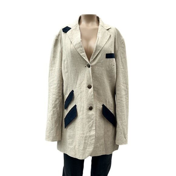 Vintage Tasha Polizzi Linen Long Sleeves Blazer Jacket Beige Women's M/L - Picture 1 of 13